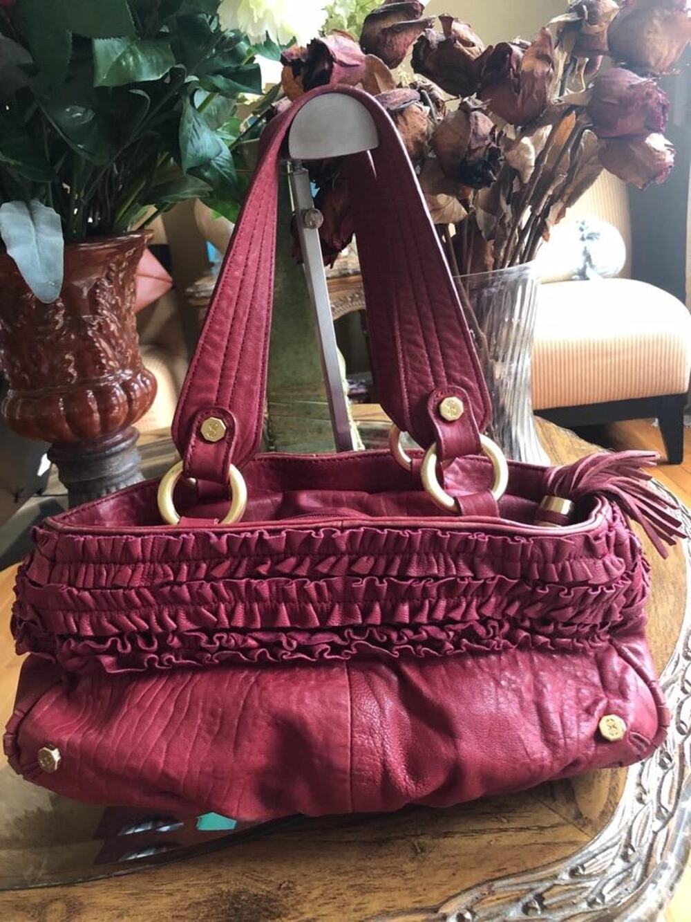 Bill Blass ruffle trim red leather satchel bag purse (500
